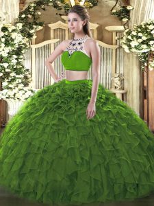 Dark Green Backless High-neck Beading and Ruffles 15 Quinceanera Dress Tulle Sleeveless
