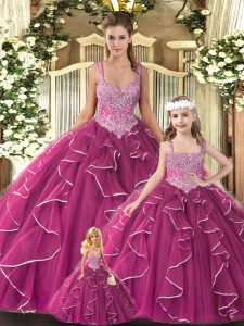 Suitable Fuchsia Lace Up Straps Beading and Ruffles 15th Birthday Dress Tulle Sleeveless
