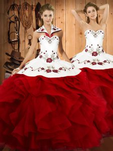 Nice Satin and Organza Halter Top Sleeveless Lace Up Embroidery and Ruffles Ball Gown Prom Dress in Wine Red