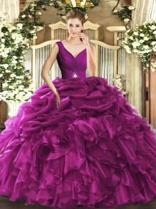 Hot Selling Fuchsia Organza Backless Quinceanera Gown Sleeveless Floor Length Beading and Ruffles