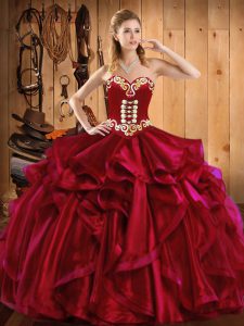 Comfortable Wine Red Lace Up Sweetheart Embroidery and Ruffles Quinceanera Gown Organza Sleeveless