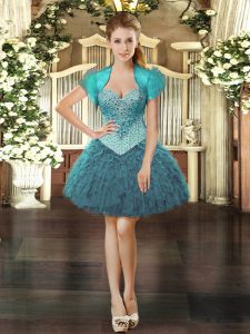 High End Teal Organza Lace Up Evening Dress Sleeveless Mini Length Beading and Ruffles