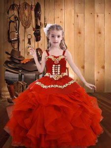 Super Floor Length Coral Red Little Girls Pageant Gowns Straps Sleeveless Lace Up