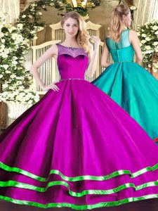 Fuchsia Quinceanera Gowns Sweet 16 and Quinceanera with Beading and Ruffled Layers Scoop Sleeveless Lace Up