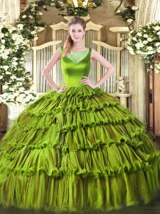 Olive Green Organza Side Zipper Quince Ball Gowns Sleeveless Floor Length Beading and Ruffled Layers
