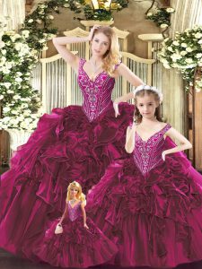 Colorful Fuchsia Ball Gowns Beading and Ruffles Quince Ball Gowns Lace Up Organza Sleeveless Floor Length