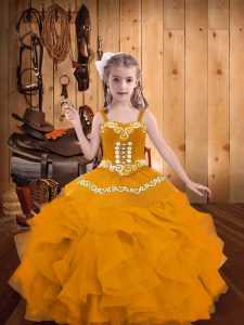 Latest Floor Length Gold Kids Formal Wear Straps Sleeveless Lace Up