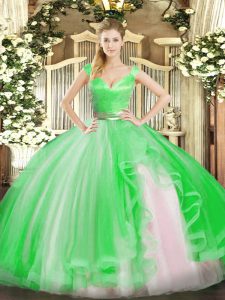 Green Zipper V-neck Beading and Ruffles Quinceanera Gown Tulle Sleeveless