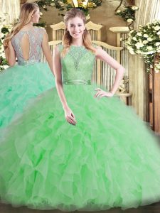 Enchanting Apple Green Ball Gowns Tulle Scoop Sleeveless Beading and Ruffles Floor Length Backless Quinceanera Dress
