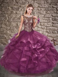 Eye-catching Sleeveless Tulle Floor Length Lace Up Quinceanera Dress in Purple with Beading and Ruffles