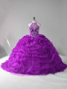 Chic Purple Organza Lace Up 15th Birthday Dress Sleeveless Court Train Beading and Pick Ups