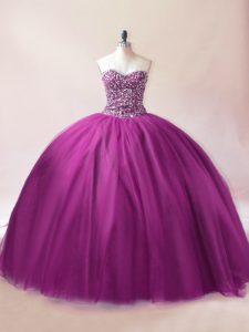 Purple Tulle Lace Up Sweetheart Sleeveless Floor Length 15th Birthday Dress Beading
