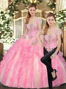 Shining Baby Pink Sleeveless Beading and Ruffles Floor Length Ball Gown Prom Dress
