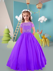 Floor Length Lavender Pageant Gowns For Girls Chiffon Short Sleeves Beading