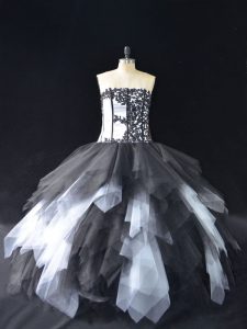 Tulle Strapless Sleeveless Lace Up Lace and Ruffles 15 Quinceanera Dress in White And Black
