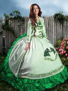 Clearance Floor Length Green Quinceanera Gowns Satin Sleeveless Embroidery and Ruffles