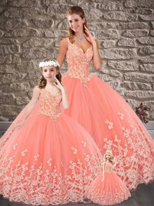Simple Peach Ball Gowns Appliques Ball Gown Prom Dress Lace Up Tulle Sleeveless