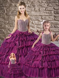 Floor Length Dark Purple Sweet 16 Dresses Organza Sleeveless Beading and Ruffled Layers