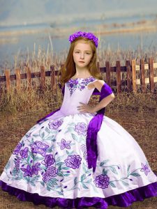 Off The Shoulder Sleeveless Satin Kids Pageant Dress Embroidery Lace Up