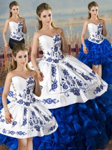 Glorious Floor Length Blue And White Quinceanera Dress Satin and Organza Sleeveless Embroidery and Ruffles