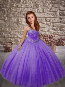 Lavender Straps Lace Up Beading Little Girl Pageant Gowns Sleeveless