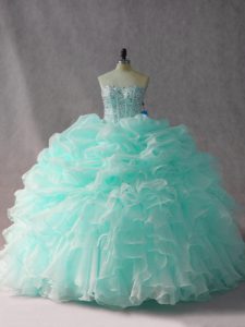Sleeveless Organza Brush Train Side Zipper Sweet 16 Dress in Apple Green with Beading and Ruffles and Pick Ups