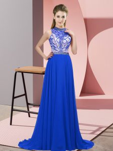 Blue Sleeveless Brush Train Beading Prom Dress