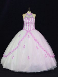 Excellent Ball Gowns Sweet 16 Dress White Halter Top Tulle Sleeveless Floor Length Lace Up