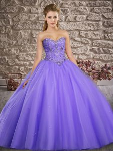 Delicate Lavender Tulle Lace Up Ball Gown Prom Dress Sleeveless Floor Length Beading