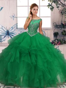 Pretty Green Sleeveless Beading and Ruffles Floor Length Sweet 16 Dresses