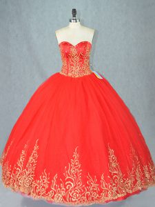 Traditional Red Lace Up Sweetheart Beading Vestidos de Quinceanera Tulle Sleeveless