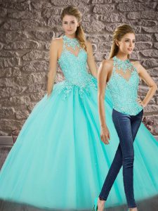Tulle Halter Top Sleeveless Sweep Train Lace Up Beading and Appliques Sweet 16 Dresses in Aqua Blue