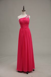 Custom Design Hot Pink Chiffon and Fabric With Rolling Flowers Zipper One Shoulder Sleeveless Floor Length Junior Homeco