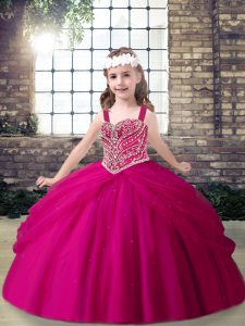 Fuchsia Tulle Lace Up Straps Sleeveless Floor Length Little Girl Pageant Gowns Beading