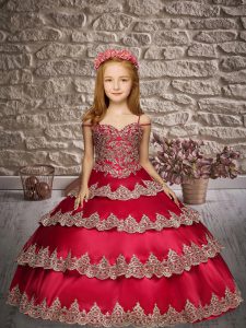 High Class Wine Red Ball Gowns Satin Straps Sleeveless Appliques and Ruffled Layers Floor Length Lace Up Kids Formal Wea