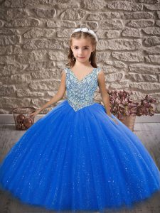 Blue Ball Gowns V-neck Sleeveless Tulle Floor Length Zipper Beading Little Girl Pageant Gowns