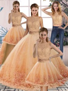 Gold and Peach Quinceanera Dresses Tulle Sweep Train Sleeveless Lace