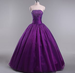 New Arrival Tulle Strapless Sleeveless Lace Up Beading and Ruching Sweet 16 Dresses in Eggplant Purple