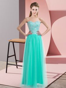 Turquoise Empire Sweetheart Sleeveless Tulle Floor Length Lace Up Beading Evening Dress