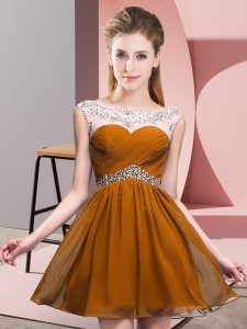 Chiffon Scoop Sleeveless Backless Beading and Ruching Homecoming Dress in Brown
