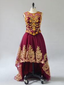 Traditional Burgundy Prom Party Dress Prom and Party with Beading and Appliques Scoop Sleeveless Lace Up