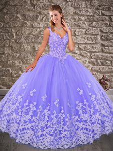 Luxurious Lavender Sleeveless Appliques Lace Up Sweet 16 Quinceanera Dress