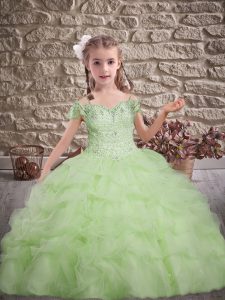 Inexpensive Sleeveless Tulle Brush Train Lace Up Girls Pageant Dresses for Wedding Party