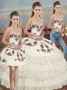 White Three Pieces Sweetheart Sleeveless Organza and Lace Floor Length Lace Up Embroidery and Ruffled Layers and Bowknot