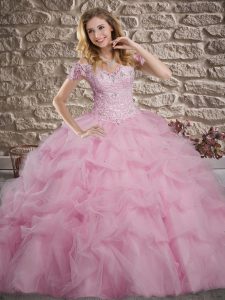 Exceptional Rose Pink Lace Up Sweet 16 Dresses Lace and Pick Ups Sleeveless Sweep Train
