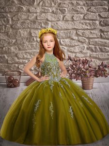 Olive Green Lace Up Halter Top Beading Little Girl Pageant Gowns Tulle Sleeveless Sweep Train