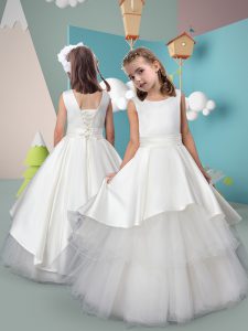 Glorious Scoop Sleeveless Lace Up Flower Girl Dress White Satin and Tulle