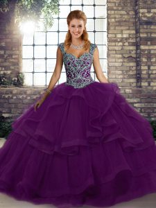 Floor Length Purple Quinceanera Dress Tulle Sleeveless Beading and Ruffles