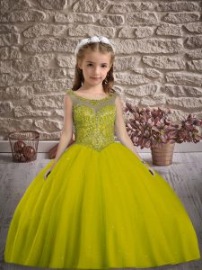 Perfect Floor Length Olive Green Child Pageant Dress Scoop Sleeveless Lace Up