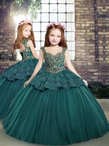Fashionable Sleeveless Floor Length Beading and Appliques Side Zipper Little Girl Pageant Dress with Teal